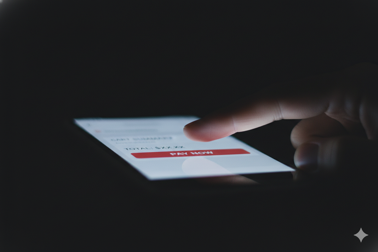Donor hesitating at raffle checkout — hand hovering over phone screen at the moment of purchase