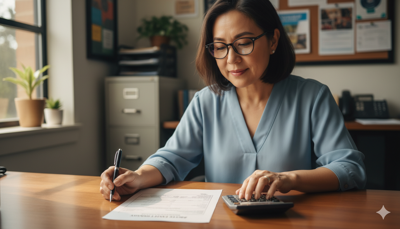 Nonprofit treasurer reviewing raffle financials and ticket sales reports at a desk