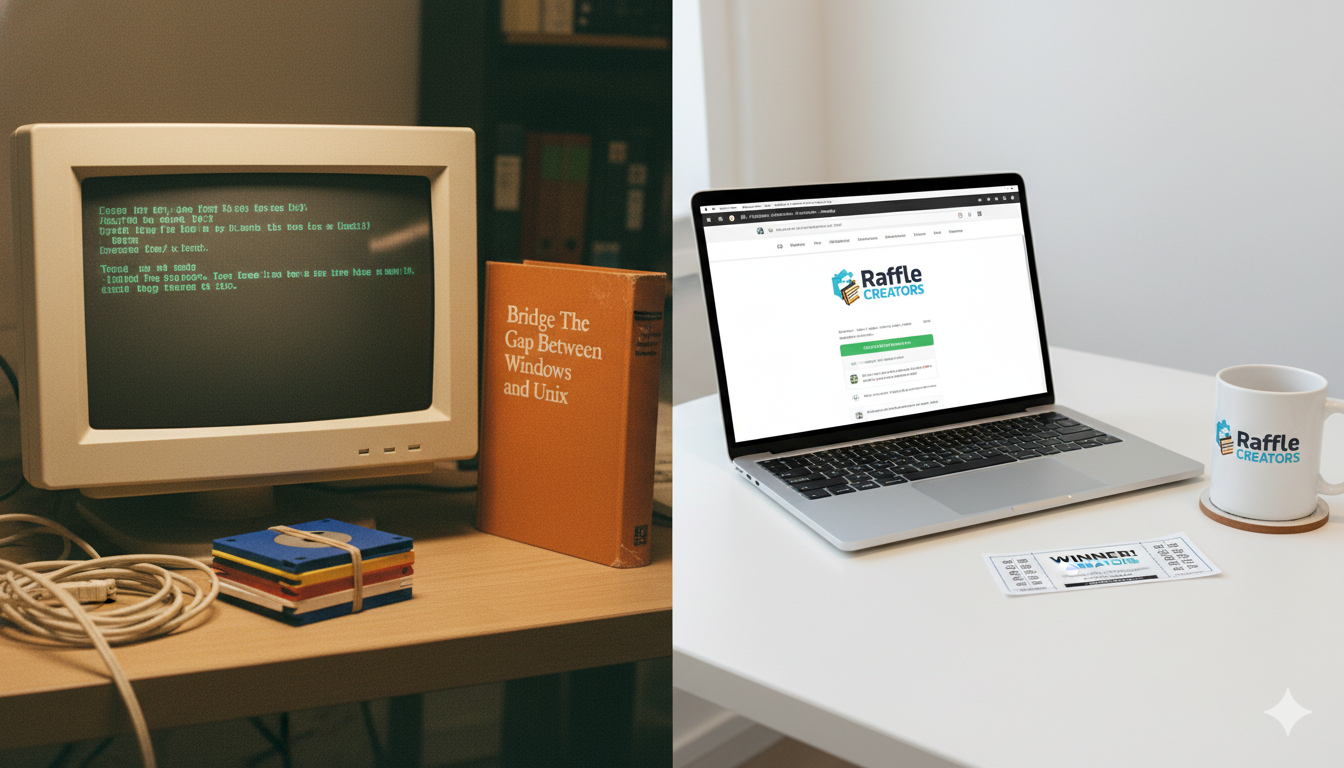 Twenty years of online raffle software — 1990s CRT desk alongside a modern laptop setup