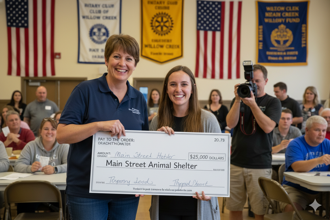 Nonprofit raffle winner moment — oversized check presentation at a community fundraiser