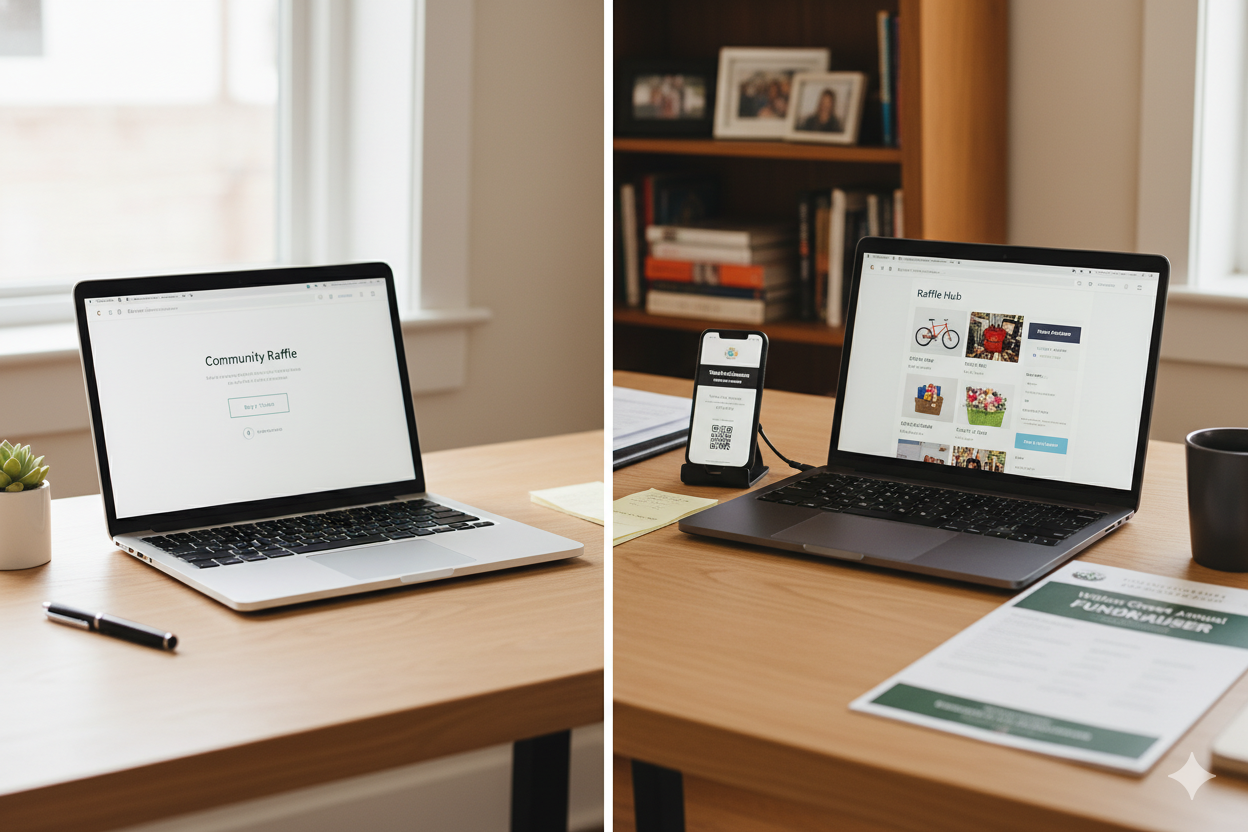Comparison of two workspaces — simple single-format raffle setup vs. full multi-format raffle platform