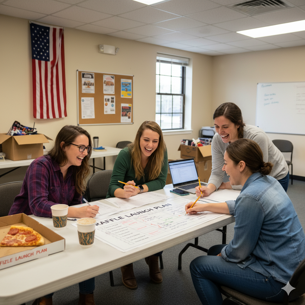 Nonprofit volunteer team reviewing raffle application checklist