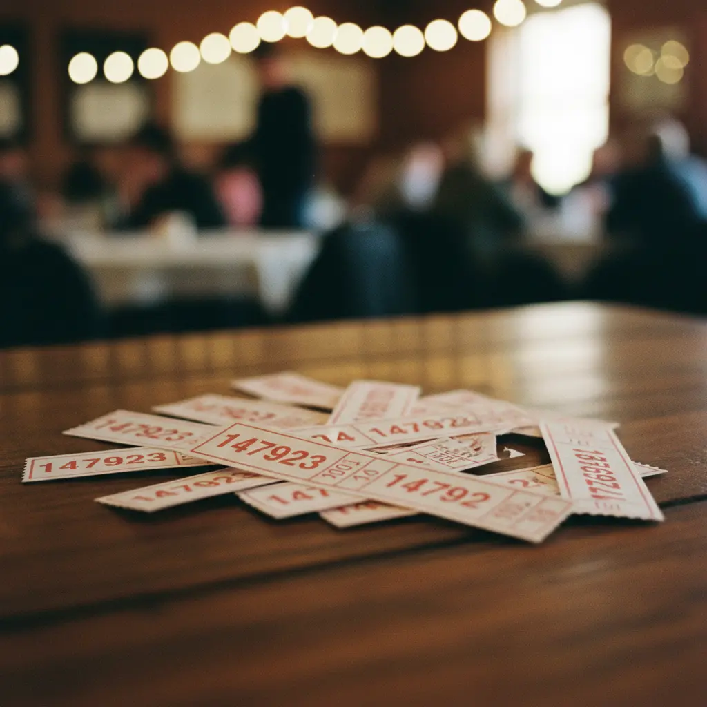 Traditional online raffle ticket stubs fanned out on a wooden table