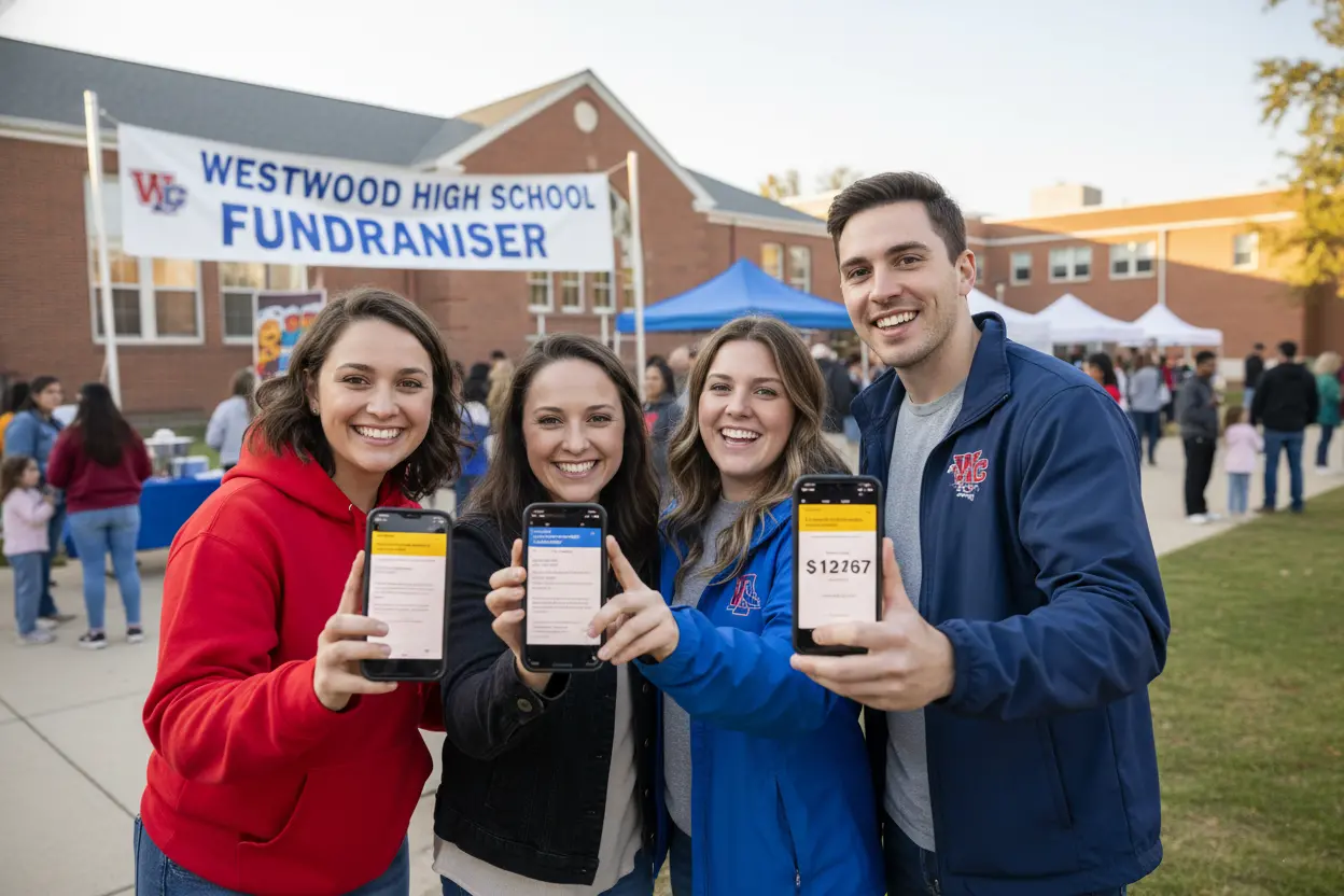 Excited supporters holding phones showing raffle ticket confirmations after a nonprofit launch