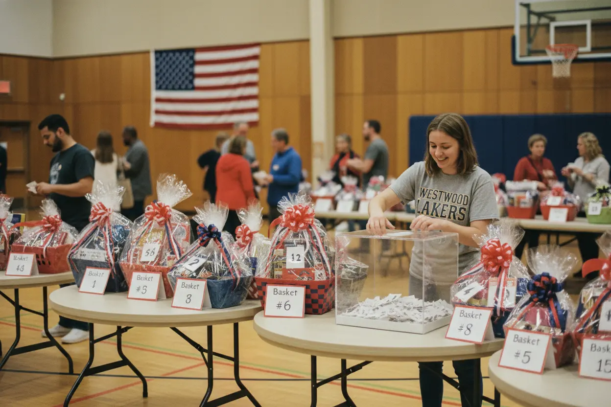 A nonprofit raffle night at a community gymnasium — the kind of event Raffle Creators helps organizations run online`
