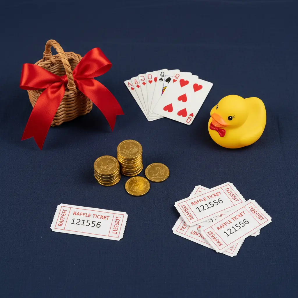 Six raffle format objects arranged as a flat lay — basket, Queen of Hearts card, ducks, ball, and tickets on navy surface