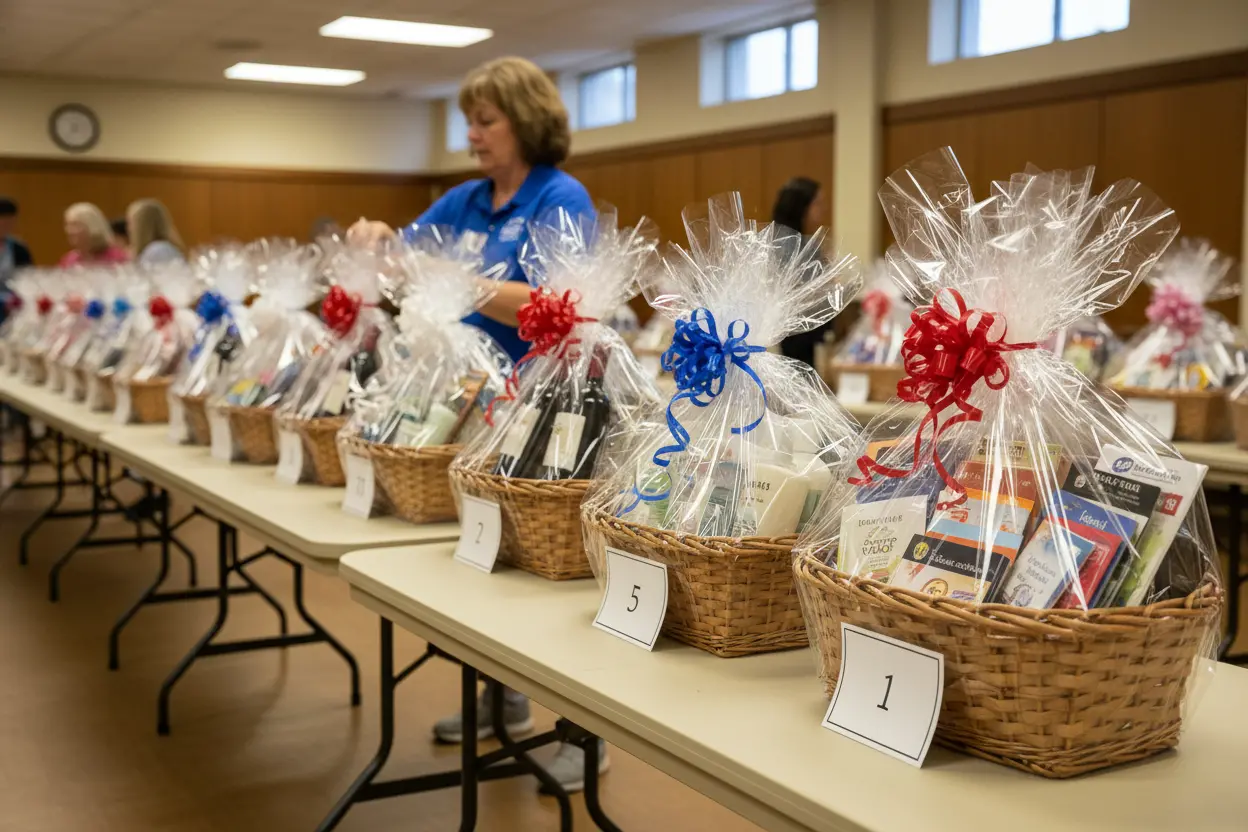 Decorated prize baskets wrapped in cellophane on folding tables at a community basket raffle event