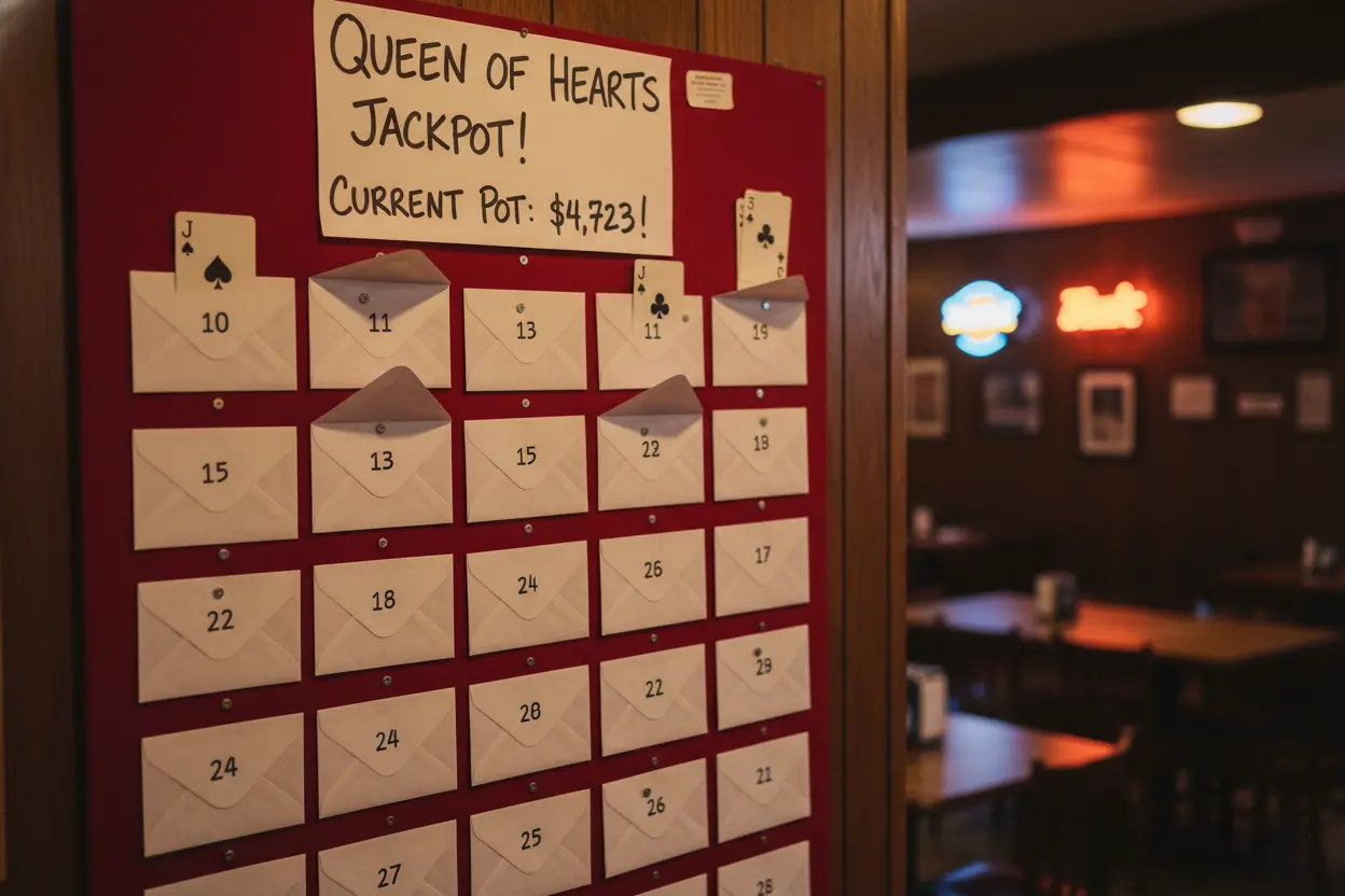 Queen of Hearts raffle card board with sealed envelopes at a VFW or social club fundraiser
