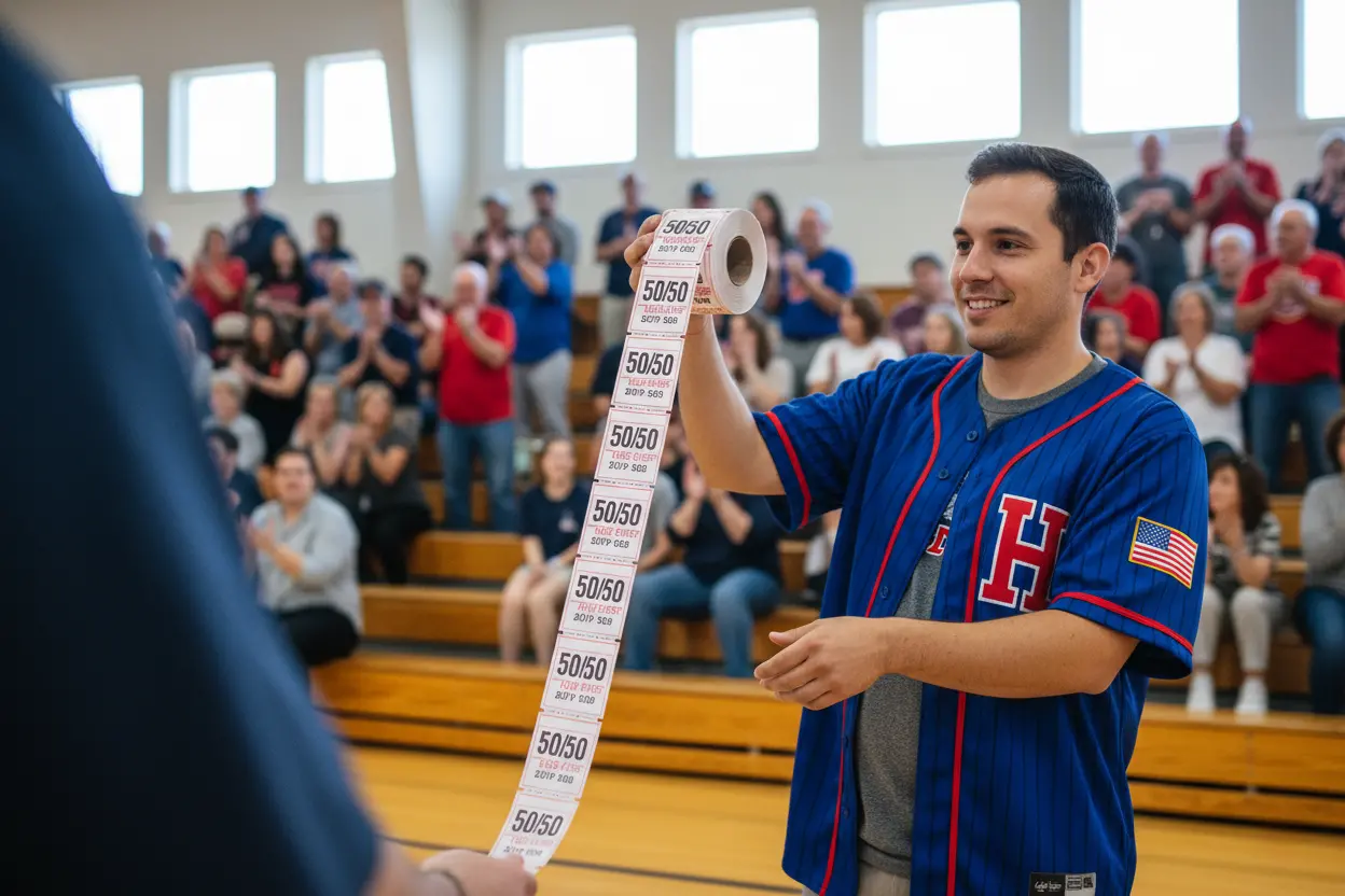 Volunteer holding a roll of red and white 50/50 raffle tickets at a sporting event