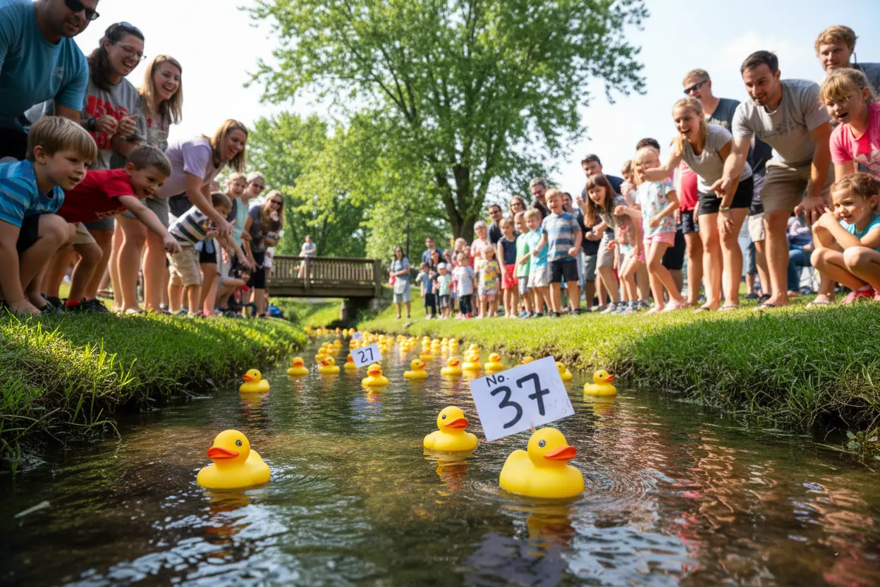Numbered rubber ducks floating downstream during a community duck race fundraiser