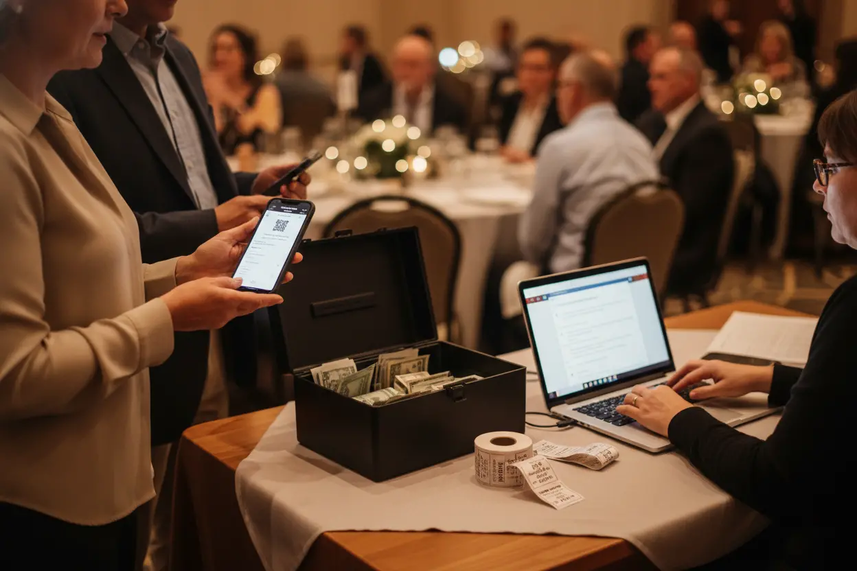 Hybrid raffle sales table — cash and phone ticket confirmation handled side by side