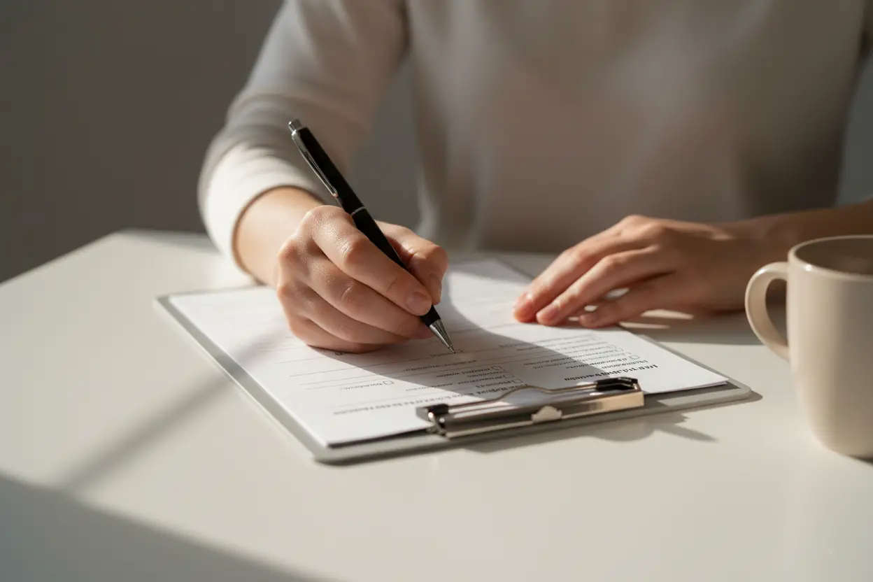 Hands filling out a nonprofit raffle application form on a clipboard