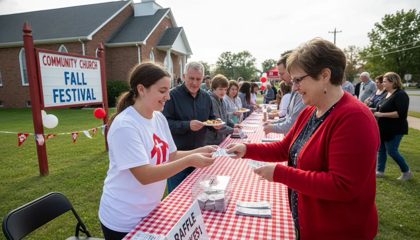 Volunteer selling raffle tickets at a community fundraising event